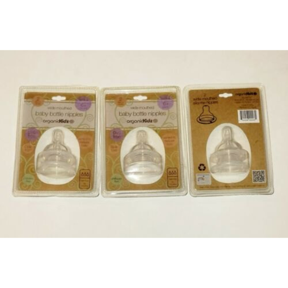 3 Packs of 2 OrganicKidz Wide Mouth Baby Bottle Nipples, Fast Flow, 6+ Months - Picture 1 of 5